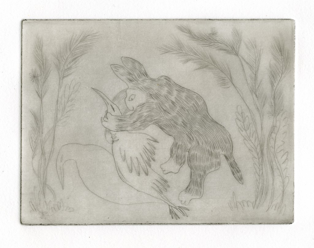 Rabbit in forest, drypoint